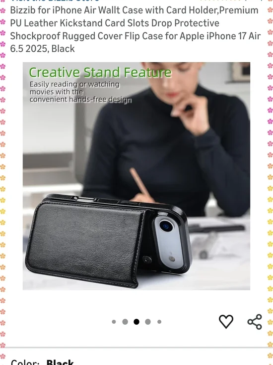 Premium Black Leather Wallet Case for iPhone 17 Air - Card Holder & Kickstand - Picture 4 of 9